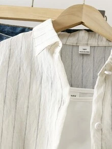 SHEIN 青少年女孩秋季返校米色細條紋長袖鈕扣襯衫，假日校園六年級休閒街頭風上衣 - 杏色 - 查看 4