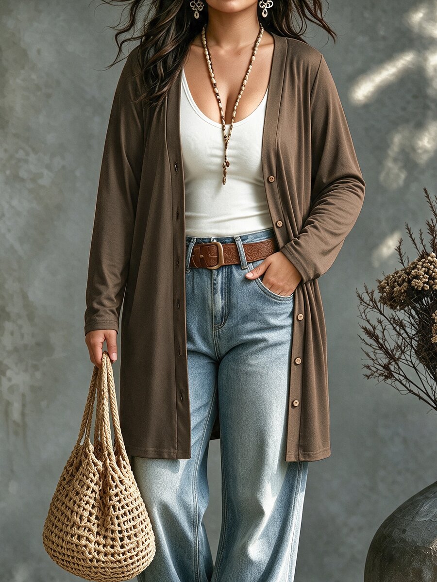 Ceyna Plus Size Autumn Casual Solid Color Jacket - Khaki - View 1