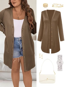 Ceyna Plus Size Autumn Casual Solid Color Jacket - Khaki - View 8