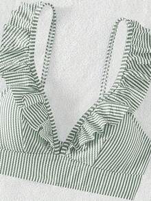 SHEIN Swim Summer Beach Striped Ruffle Trim Bikini Set - Green - View 5