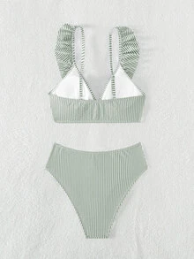 SHEIN Swim Summer Beach Striped Ruffle Trim Bikini Set - Green - View 4