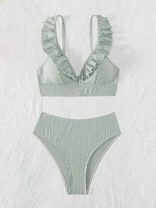 SHEIN Swim Summer Beach Striped Ruffle Trim Bikini Set - Green - View 8