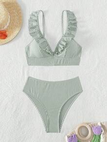 SHEIN Swim Summer Beach Striped Ruffle Trim Bikini Set - Green - View 7