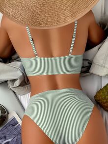 SHEIN Swim Summer Beach Striped Ruffle Trim Bikini Set - Green - View 2