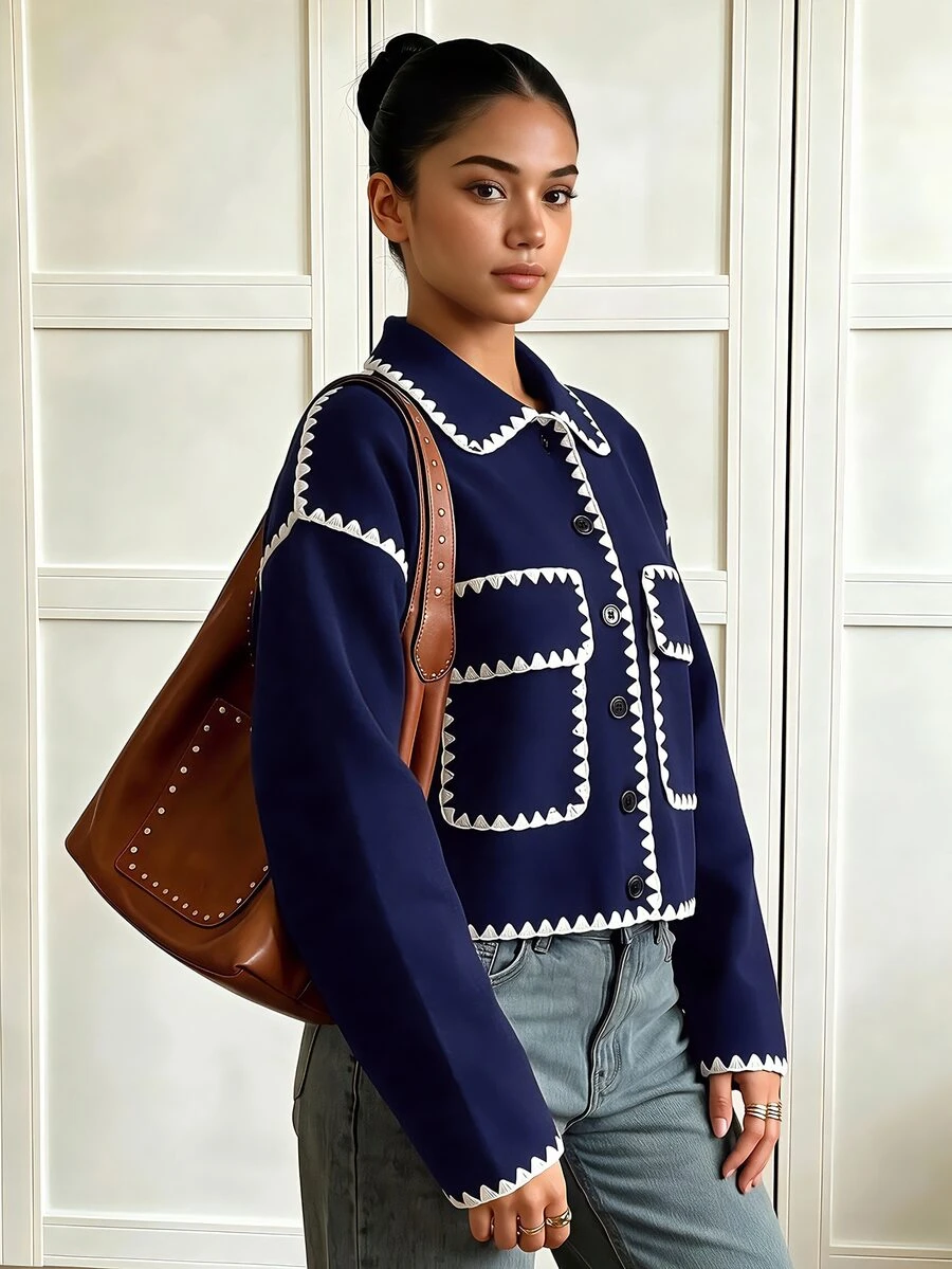 SHEIN 青少年女孩長袖抓絨外套 秋季休閒百搭黑白對比飾邊翻領大口袋秋冬毛呢夾克 - 藏蓝色 - 查看 1