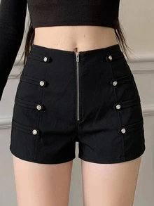 DAZY Women's Solid Color Zipper Fly Double Row Button Design Fashion Shorts Y2k - Black - View 6