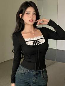 Joudiya Summer Black And White Polka Dot Contrast Patchwork Bowknot Top Casual Elegant Sweet Korean Style Long Sleeve Women's T-Shirt Date Holiday - Black - View 1