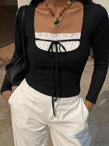 Joudiya Summer Black And White Polka Dot Contrast Patchwork Bowknot Top Casual Elegant Sweet Korean Style Long Sleeve Women's T-Shirt Date Holiday - Black - View 9