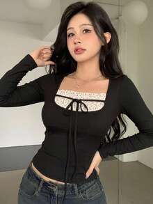 Joudiya Summer Black And White Polka Dot Contrast Patchwork Bowknot Top Casual Elegant Sweet Korean Style Long Sleeve Women's T-Shirt Date Holiday - Black - View 4