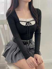 Joudiya Summer Black And White Polka Dot Contrast Patchwork Bowknot Top Casual Elegant Sweet Korean Style Long Sleeve Women's T-Shirt Date Holiday - Black - View 6