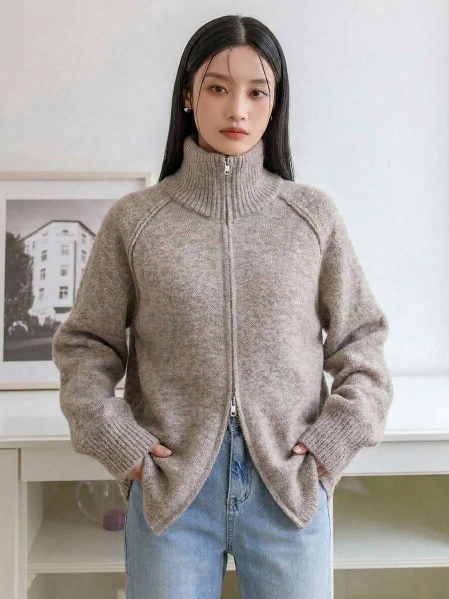 DAZY 女款拼接立領針織開襟衫,休閒辦公通勤街頭風,秋冬款 - 卡其色 - 查看 1