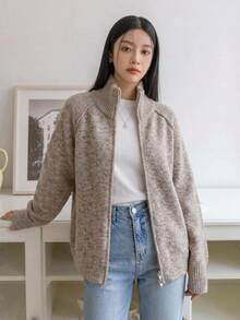 DAZY 女款拼接立領針織開襟衫，休閒辦公通勤街頭風，秋冬款 - 卡其色 - 查看 4