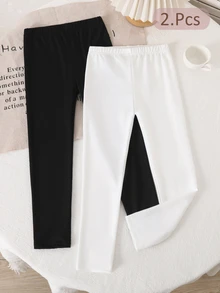 [7pcs Randomly Send 2pcs]Young Girls Toddler 2pcs Set Knitted Slim Fit All-Match Casual Versatile Spring/Summer Black/White Leggings, All-Season Wear - Multicolor - View 5