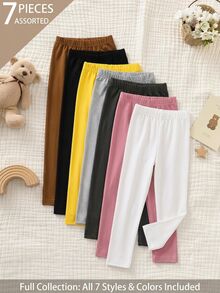 [7pcs Randomly Send 2pcs]Young Girls Toddler 2pcs Set Knitted Slim Fit All-Match Casual Versatile Spring/Summer Black/White Leggings, All-Season Wear - Multicolor - View 2