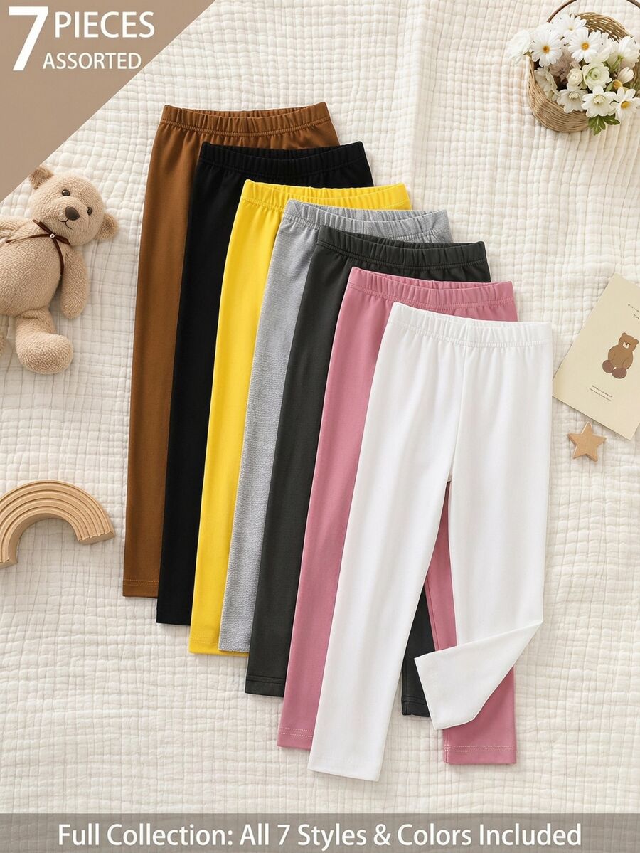 [7pcs Randomly Send 2pcs]Young Girls Toddler 2pcs Set Knitted Slim Fit All-Match Casual Versatile Spring/Summer Black/White Leggings, All-Season Wear