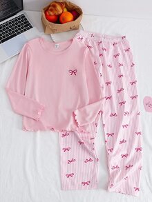 Big Girls Bow Print White Long Sleeve Autumn/Winter Top And Matching Pants Contrast Trim Loungewear Set, Round Neck Striped, 2-Piece Set, Soft - Multicolor - View 6