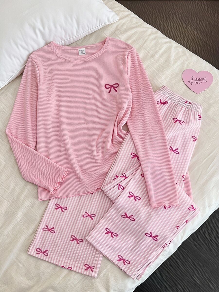 Big Girls Bow Print White Long Sleeve Autumn/Winter Top And Matching Pants Contrast Trim Loungewear Set, Round Neck Striped, 2-Piece Set, Soft