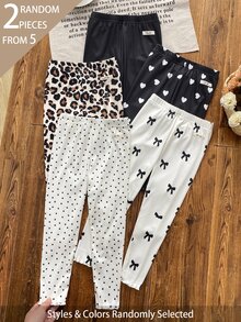 SHEIN Bộ 5 quần legging dệt kim gân cho bé gái, 2 mẫu ngẫu nhiên, họa tiết chấm bi, trái tim, da báo, phong cách ngọt ngào dễ thương, đa năng, mềm mại thoải mái, mặc xuân hè và quanh năm - Nhiều màu - Xem 5