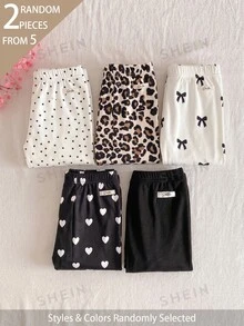 SHEIN Bộ 5 quần legging dệt kim gân cho bé gái, 2 mẫu ngẫu nhiên, họa tiết chấm bi, trái tim, da báo, phong cách ngọt ngào dễ thương, đa năng, mềm mại thoải mái, mặc xuân hè và quanh năm - Nhiều màu - Xem 10