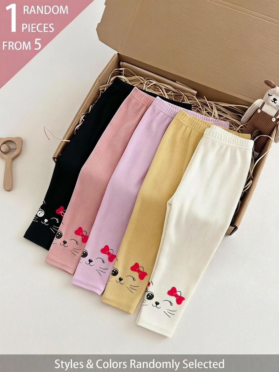 SHEIN 5pcs Randomly Sent 1pc Spring Summer All Season Young Girls Leggings Sweet Cute Bow Cat Print Versatile Soft Comfortable Ribbed Knit Ribbed Hem Multi-Piece Set Leggings - Multicolor - View 1