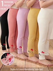 SHEIN 5pcs Randomly Sent 1pc Spring Summer All Season Young Girls Leggings Sweet Cute Bow Cat Print Versatile Soft Comfortable Ribbed Knit Ribbed Hem Multi-Piece Set Leggings - Multicolor - View 6