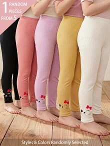 SHEIN 5pcs Randomly Sent 1pc Spring Summer All Season Young Girls Leggings Sweet Cute Bow Cat Print Versatile Soft Comfortable Ribbed Knit Ribbed Hem Multi-Piece Set Leggings - Multicolor - View 11
