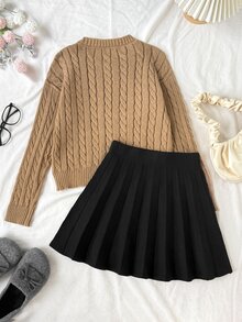 SHEIN Tween女孩2件套秋冬休閒保暖內裡加厚圓領寬鬆長袖套頭毛衣（駝色）搭配百褶黑色裙裝，返校毛衣套裝 - 駝色 - 查看 2