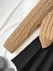 SHEIN Tween女孩2件套秋冬休閒保暖內裡加厚圓領寬鬆長袖套頭毛衣（駝色）搭配百褶黑色裙裝，返校毛衣套裝 - 駝色 - 查看 5