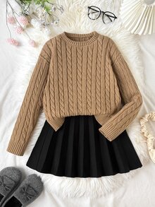 SHEIN Tween女孩2件套秋冬休閒保暖內裡加厚圓領寬鬆長袖套頭毛衣（駝色）搭配百褶黑色裙裝，返校毛衣套裝 - 駝色 - 查看 3