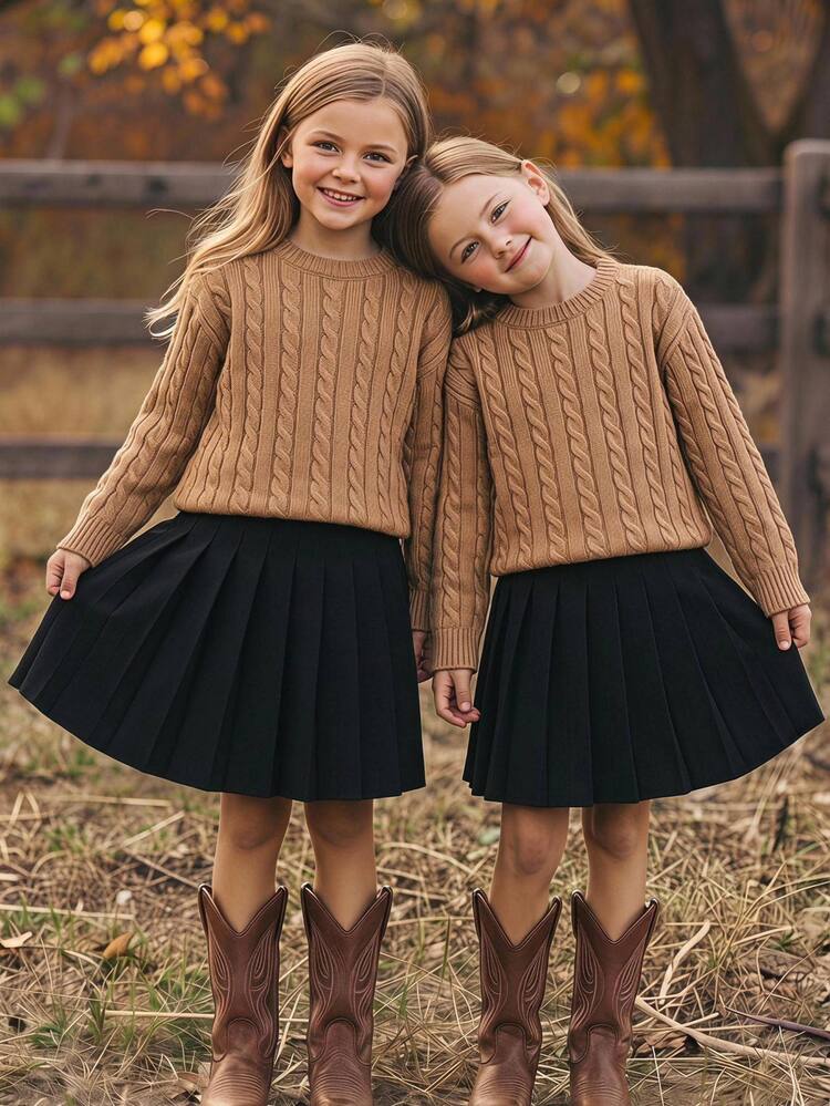 SHEIN Tween Girl 2pcs Set Autumn/Winter Casual Thermal Lined Thick Crew Neck Oversized Long Sleeve Pullover Sweater In Camel And Pleated Black Skirt Outfit, Back To School Sweater Set - Camel - View 7