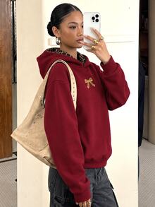SHEIN 青少年女孩休閒街頭風抓絨豹紋帽子，適合學校日常穿搭衛衣 - 酒紅色 - 查看 4