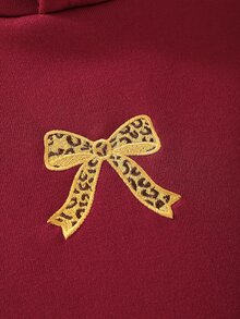 SHEIN 青少年女孩休閒街頭風抓絨豹紋帽子，適合學校日常穿搭衛衣 - 酒紅色 - 查看 6
