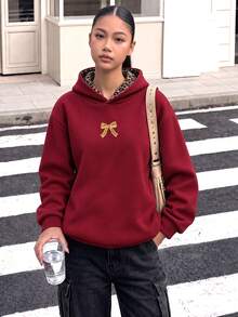 SHEIN 青少年女孩休閒街頭風抓絨豹紋帽子，適合學校日常穿搭衛衣 - 酒紅色 - 查看 5