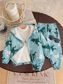 SHEIN جاكيت شتوي للأطفال 1 قطعة للأولاد الصغار بنمط ديناصور كرتوني، أكمام طويلة، سحاب أمامي، مبطن حراري، بغطاء رأس - متعدد الألوان - مشاهدة 2