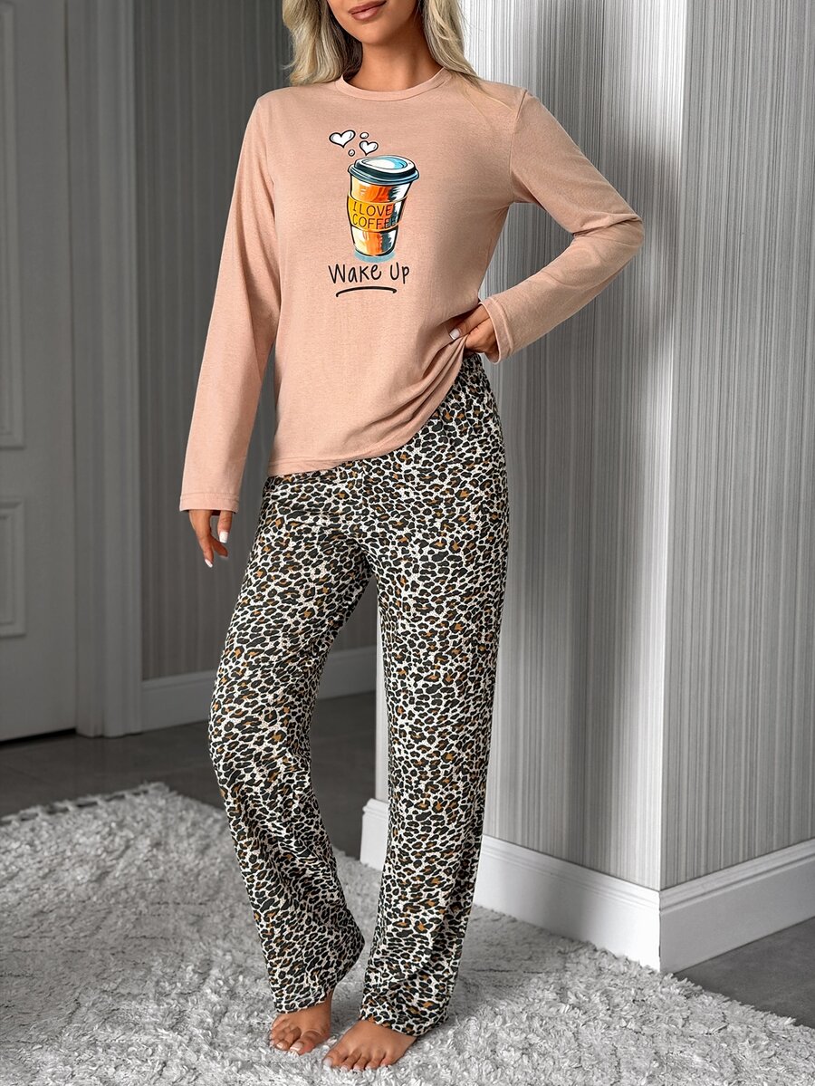 SHEIN Plus Size Women's Cotton 2 Pieces Coffee Print Top & Leopard Pants Pajama Set