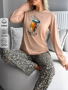 SHEIN Plus Size Women's Cotton 2 Pieces Coffee Print Top & Leopard Pants Pajama Set - White - View 7
