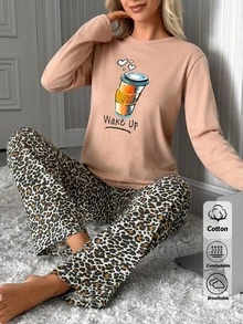 SHEIN Plus Size Women's Cotton 2 Pieces Coffee Print Top & Leopard Pants Pajama Set - White - View 6