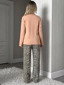 SHEIN Plus Size Women's Cotton 2 Pieces Coffee Print Top & Leopard Pants Pajama Set - White - View 3