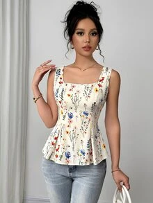 SHEIN Fabric Printed Open Collar Pleated Tie-Up Sleeveless Women's Blouse - Multicolor - View 7