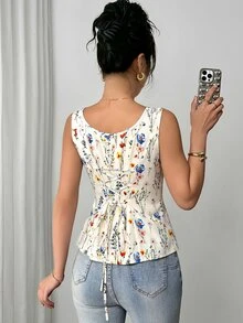 SHEIN Fabric Printed Open Collar Pleated Tie-Up Sleeveless Women's Blouse - Multicolor - View 2