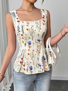 SHEIN Fabric Printed Open Collar Pleated Tie-Up Sleeveless Women's Blouse - Multicolor - View 6