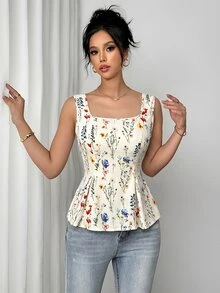 SHEIN Fabric Printed Open Collar Pleated Tie-Up Sleeveless Women's Blouse - Multicolor - View 4