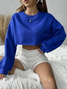 SHEIN EZwear 女款休閒純色短版運動衫，春秋長袖上衣，畢業返校穿搭，適合教師、健身房，灰色、淺藍色 - 寶藍色 - 查看 4