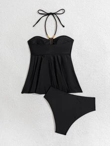 SHEIN Swim 2pcs Vacation Style Black Fabric Gold Shell Detail Shoulder Strap Beaded Decor Spaghetti Strap Crop Top And Bikini Set For Summer - Black - View 7