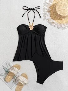 SHEIN Swim 2pcs Vacation Style Black Fabric Gold Shell Detail Shoulder Strap Beaded Decor Spaghetti Strap Crop Top And Bikini Set For Summer - Black - View 6