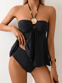 SHEIN Swim 2pcs Vacation Style Black Fabric Gold Shell Detail Shoulder Strap Beaded Decor Spaghetti Strap Crop Top And Bikini Set For Summer - Black - View 1