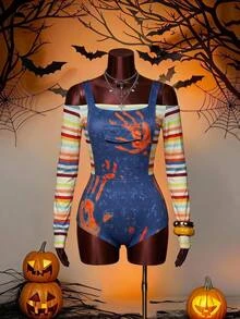 Slaydiva Women Striped Off Shoulder Bodysuit & Blood Stain Print Overall Bodysuit Set Spooky Party Costume - Multicolor - View 9