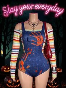 Slaydiva Women Striped Off Shoulder Bodysuit & Blood Stain Print Overall Bodysuit Set Spooky Party Costume - Multicolor - View 10
