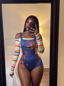 Slaydiva Women Striped Off Shoulder Bodysuit & Blood Stain Print Overall Bodysuit Set Spooky Party Costume - Multicolor - View 6