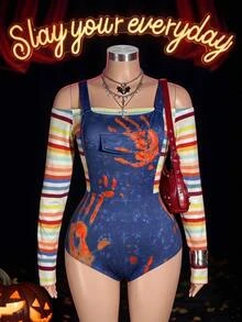 Slaydiva Women Striped Off Shoulder Bodysuit & Blood Stain Print Overall Bodysuit Set Spooky Party Costume - Multicolor - View 2